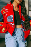 Red Street Print Patchwork Pocket Buckle O Neck Outerwear