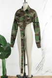 Camouflage Street Camouflage Print Patchwork Pocket Buckle Turndown Collar Tops