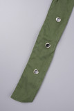Green Casual Solid Patchwork Draw String Buttons Zipper Straight Low Waist Straight Solid Color Bottoms