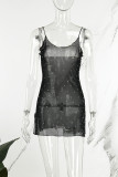 Black Sexy Patchwork Hot Drilling See-through Backless Spaghetti Strap Sleeveless Dress Dresses