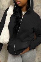 Black Casual Solid Patchwork Zipper Hooded Collar Outerwear