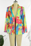 Yellow Casual Daily Mixed Printing Printing Contrast Turn-back Collar Outerwear
