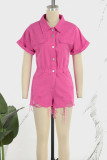 Rose Red Sexy Solid Ripped Patchwork Buckle Turndown Collar Regular Rompers