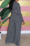 Coffee Casual Striped Patchwork O Neck Long Sleeve Two Pieces