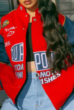 Red Street Print Patchwork Pocket Buckle O Neck Outerwear