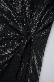 Blue Casual Patchwork Sequins Frenulum V Neck Long Sleeve Dresses