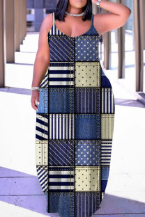 Tibetan Blue Sexy Casual Print Backless Spaghetti Strap Long Dress Dresses