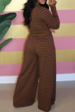 Coffee Casual Striped Patchwork O Neck Long Sleeve Two Pieces