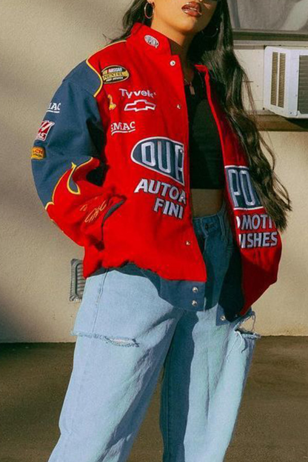 Red Street Print Patchwork Pocket Buckle O Neck Outerwear