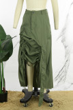Green Casual Solid Patchwork Draw String Buttons Zipper Straight Low Waist Straight Solid Color Bottoms