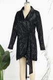 Blue Casual Patchwork Sequins Frenulum V Neck Long Sleeve Dresses