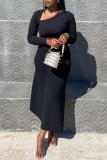 Black Casual Solid Fold Oblique Collar Long Sleeve Dresses