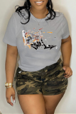 Light Gray Casual Daily Print Patchwork O Neck T-Shirts