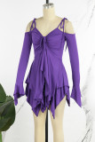 Purple Street Solid Bandage Patchwork Asymmetrical Collar Irregular Dress Dresses