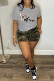 Light Gray Casual Daily Print Patchwork O Neck T-Shirts