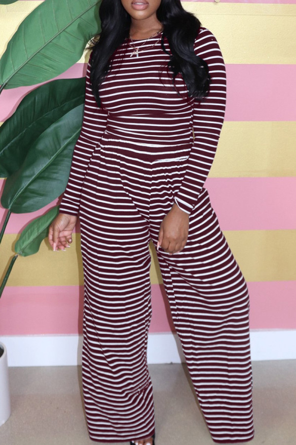 Burgundy Casual Striped Patchwork O Neck Long Sleeve Two Pieces