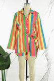 Colour Work Elegant Vacation Simplicity Geometric Striped Print Printing Turndown Collar Long Sleeve Two Pieces