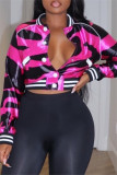 Pink Casual Print Patchwork Buckle Outerwear
