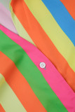 Colour Work Elegant Vacation Simplicity Geometric Striped Print Printing Turndown Collar Long Sleeve Two Pieces