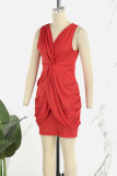 Red Casual Solid Sequins V Neck Sleeveless Dress Dresses