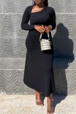 Black Casual Solid Fold Oblique Collar Long Sleeve Dresses