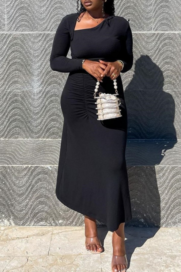 Black Casual Solid Fold Oblique Collar Long Sleeve Dresses