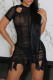 Black Sexy Solid Hollowed Out See-through Fold O Neck Short Sleeve Dress