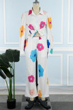 White Casual Sweet Cute Vacation Print Bandage Printing Turndown Collar Long Sleeve Two Pieces