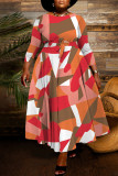 Brown Casual Print Basic O Neck Long Dress Plus Size Dresses