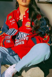 Red Street Print Patchwork Pocket Buckle O Neck Outerwear