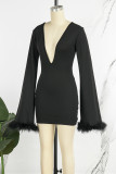 Black Sexy Solid Patchwork Feathers V Neck Pencil Skirt Dresses