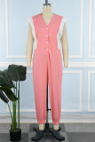 Pink Casual Street Daily Simplicity Patchwork Pocket Contrast Asymmetrical Collar Regular Jumpsuits