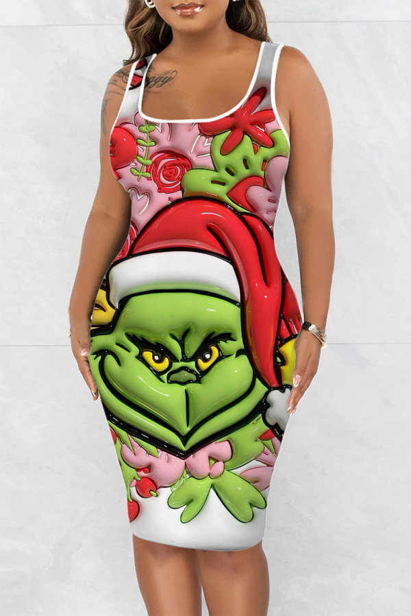 Pink Green Casual Print Basic U Neck Vest Dress Dresses