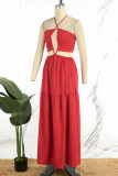 Red Sexy Daily Elegant Vacation Patchwork Solid Color Halter Dresses