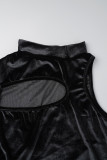 Black Sexy Solid Hollowed Out Half A Turtleneck Irregular Dress Dresses