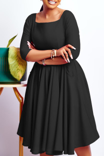 Black Elegant Solid Patchwork Pocket U Neck A Line Dresses