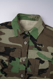 Camouflage Street Camouflage Print Patchwork Pocket Buckle Turndown Collar Tops