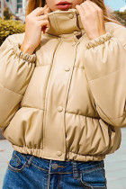 Khaki Elegant Solid Patchwork Pocket Buckle Zipper Mandarin Collar Outerwear