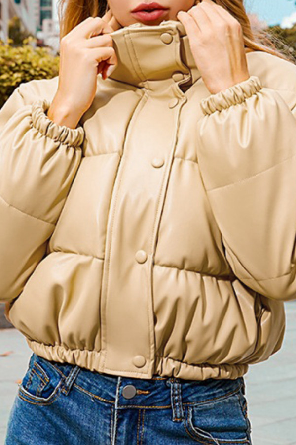 Khaki Elegant Solid Patchwork Pocket Buckle Zipper Mandarin Collar Outerwear