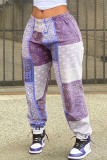 Colour Casual Print Patchwork Pocket Straight Low Waist Straight Full Print Bottoms