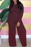 Coffee Casual Striped Patchwork O Neck Long Sleeve Two Pieces