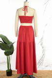 Red Sexy Daily Elegant Vacation Patchwork Solid Color Halter Dresses