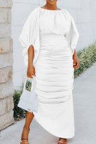 White Street Solid Patchwork Fold O Neck Long Dress Dresses