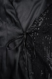 Blue Casual Patchwork Sequins Frenulum V Neck Long Sleeve Dresses