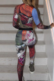 Colour Casual Print Patchwork O Neck Long Sleeve Two Pieces
