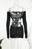 Black Sexy Casual Solid Backless Off the Shoulder Long Sleeve Dresses