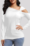 White Casual Solid Hollowed Out Oblique Collar Tops