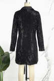 Blue Casual Patchwork Sequins Frenulum V Neck Long Sleeve Dresses
