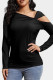 Black Casual Solid Hollowed Out Oblique Collar Tops