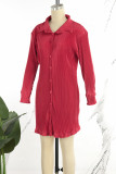 Red Casual Solid Patchwork Buckle Shirt Collar Shirt Dress Dresses